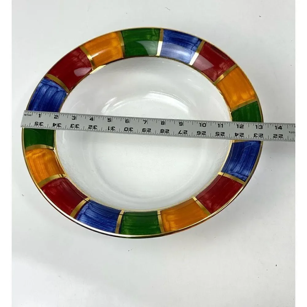 Handpainted Colorful Gold Rim Clear Glass Serving Bowl 13in W x 4in H BC1545